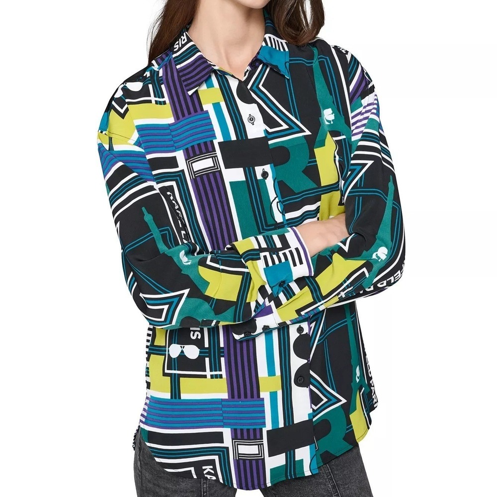 Karl Lagerfeld Paris Abstract Print Blouse Collared Top Shirt Womens PXL NWT‎